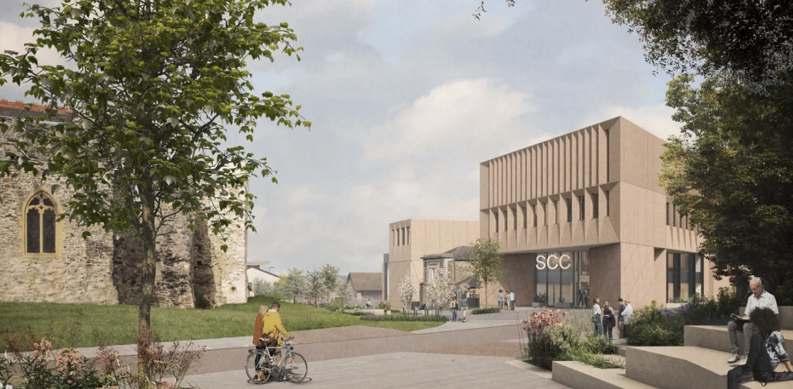 An artist's impression of the new cultural centre, a timber-clad building signed SCC, beside old castle walls, with people on steps and a cyclist in the foreground