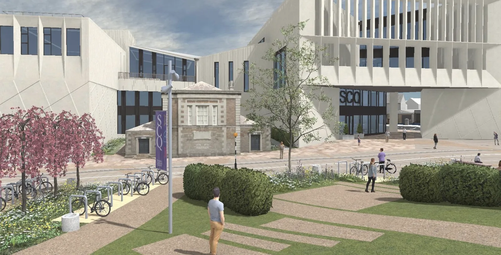 An artist's impression of the Swords Cultural Quarter: a pale, finned building with a sign reading SCQ beside a small stone building, a paved square and cycle parking